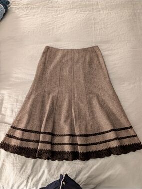 Talbots Wool Silk Blend Midi Skirt Brown Crochet Lace Hem A-Line Lined Size 8